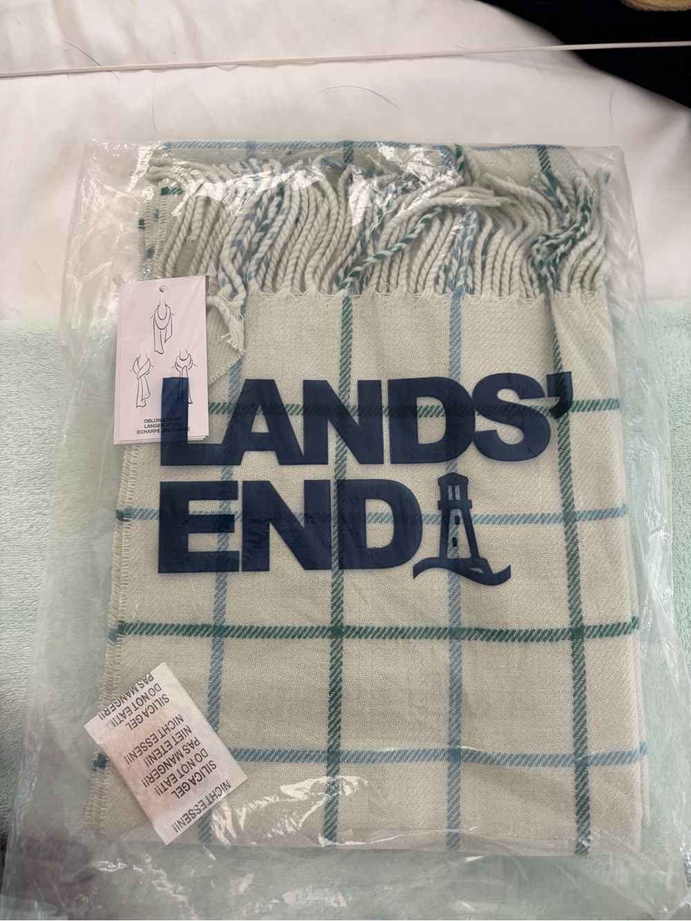 Lands' End Cream & Teal Windowpane Scarf